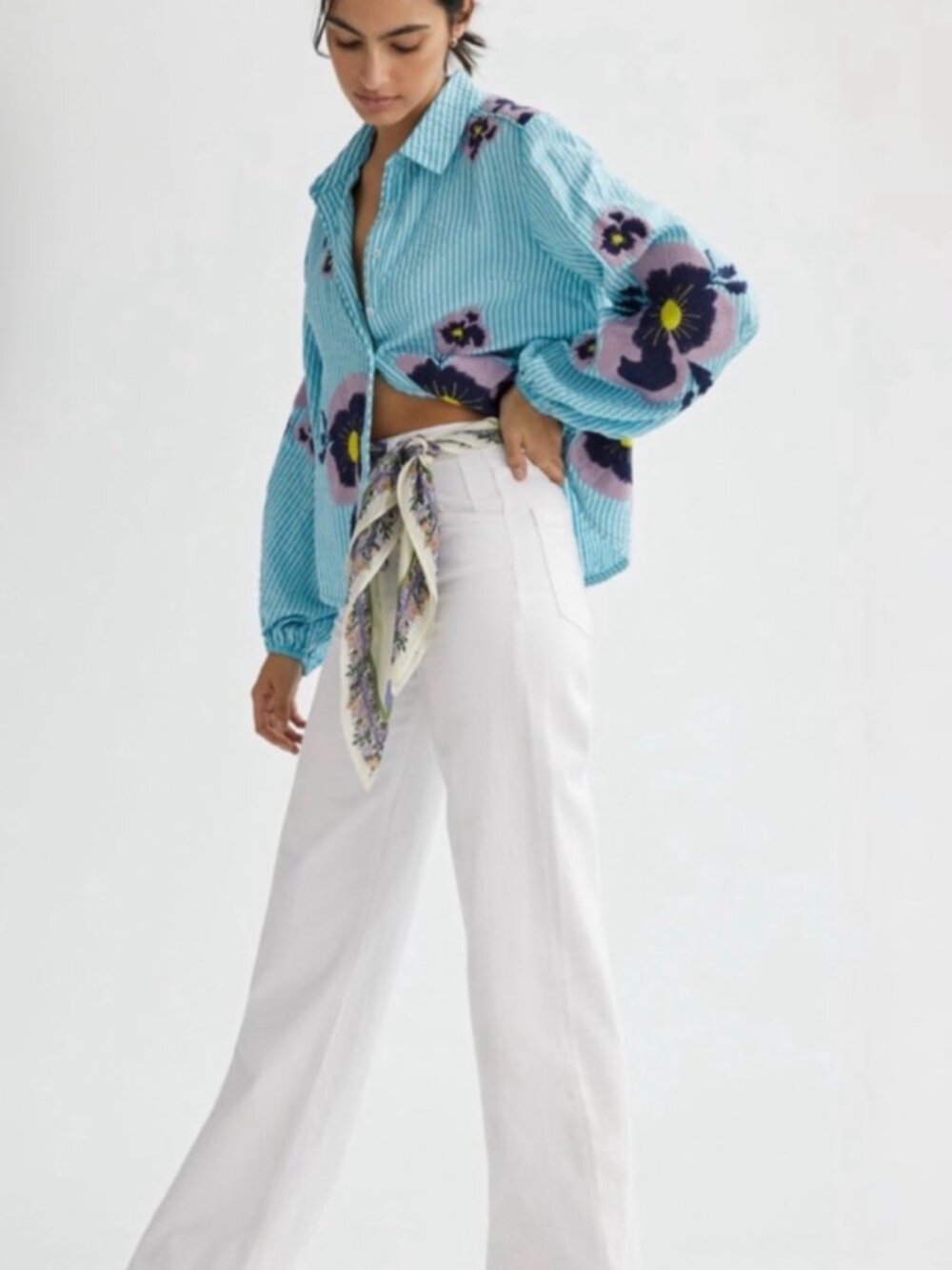ANTHROPOLOGIE MAEVE PANSY EMBROIDERED STRIPE SHIRT - Picture 3 of 9